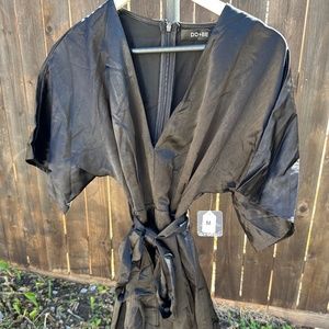 short wide 3/4 sleeve short black satin romper